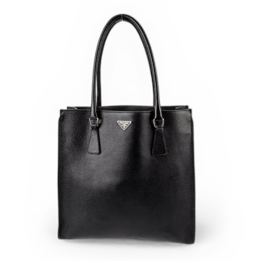 Prada Enameled Metal Triangle Black  Leather Tote Bag